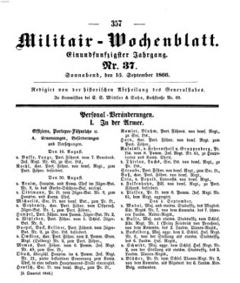 Militär-Wochenblatt Samstag 15. September 1866