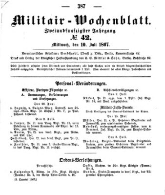Militär-Wochenblatt Mittwoch 10. Juli 1867