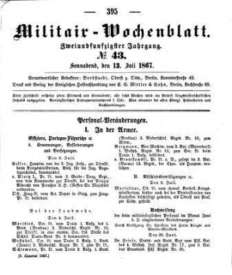 Militär-Wochenblatt Samstag 13. Juli 1867