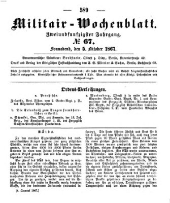 Militär-Wochenblatt Samstag 5. Oktober 1867