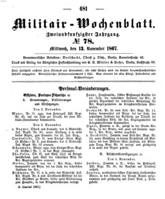 Militär-Wochenblatt Mittwoch 13. November 1867