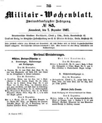 Militär-Wochenblatt Samstag 7. Dezember 1867