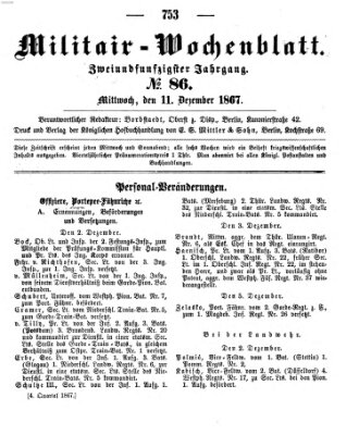 Militär-Wochenblatt Mittwoch 11. Dezember 1867