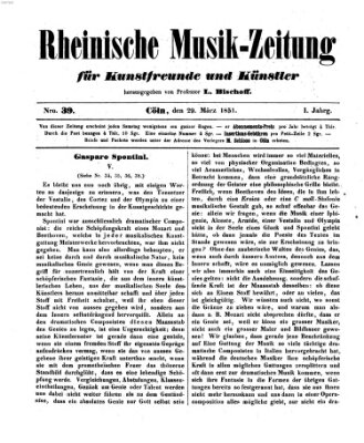 Rheinische Musik-Zeitung für Kunstfreunde und Künstler Samstag 29. März 1851