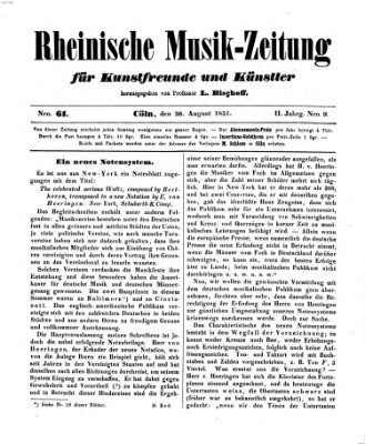 Rheinische Musik-Zeitung für Kunstfreunde und Künstler Samstag 30. August 1851