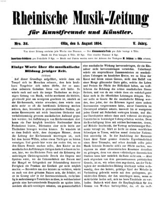Rheinische Musik-Zeitung für Kunstfreunde und Künstler Samstag 5. August 1854