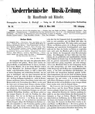 Niederrheinische Musik-Zeitung für Kunstfreunde und Künstler Samstag 31. März 1860