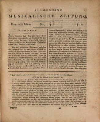 Allgemeine musikalische Zeitung Mittwoch 21. Juli 1802