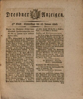 Dresdner Anzeigen Donnerstag 16. Januar 1806