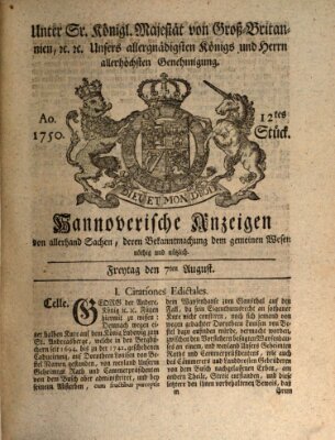 Hannoversche Anzeigen Freitag 7. August 1750