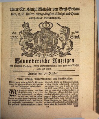 Hannoversche Anzeigen Freitag 9. Oktober 1750