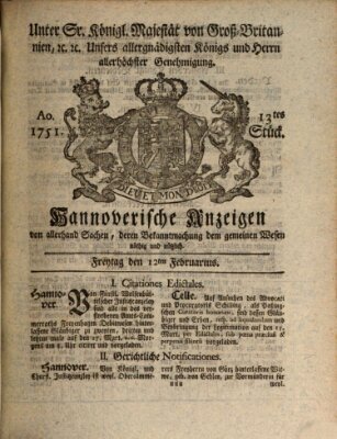 Hannoversche Anzeigen Freitag 12. Februar 1751