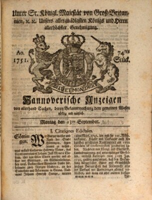 Hannoversche Anzeigen Montag 13. September 1751