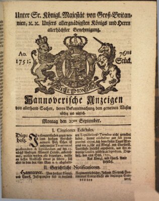 Hannoversche Anzeigen Montag 20. September 1751