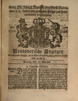 Hannoversche Anzeigen Freitag 3. März 1752
