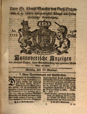 Hannoversche Anzeigen Montag 6. März 1752