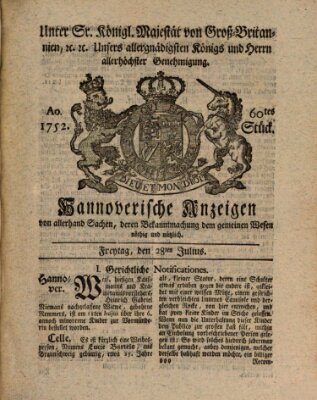 Hannoversche Anzeigen Freitag 28. Juli 1752