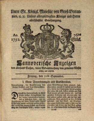 Hannoversche Anzeigen Freitag 22. September 1752