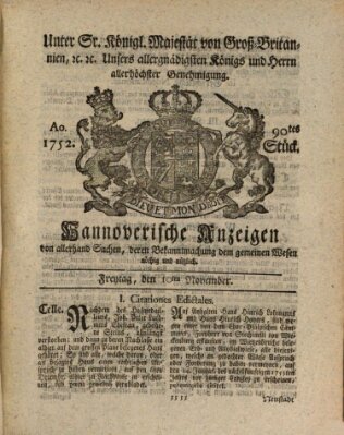Hannoversche Anzeigen Freitag 10. November 1752