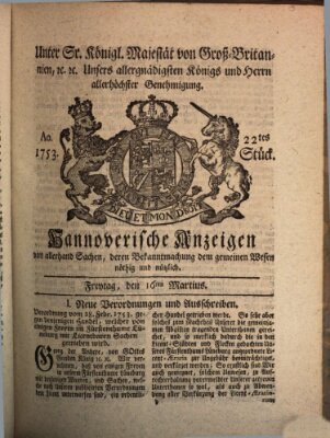 Hannoversche Anzeigen Freitag 16. März 1753