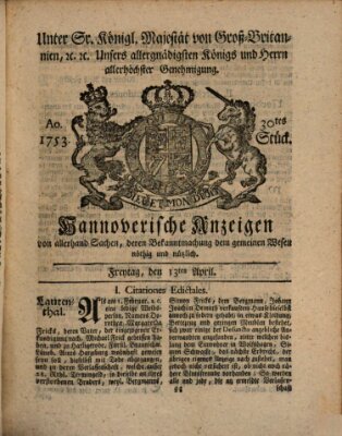 Hannoversche Anzeigen Freitag 13. April 1753