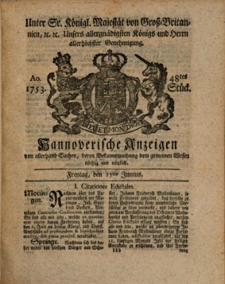 Hannoversche Anzeigen Freitag 15. Juni 1753
