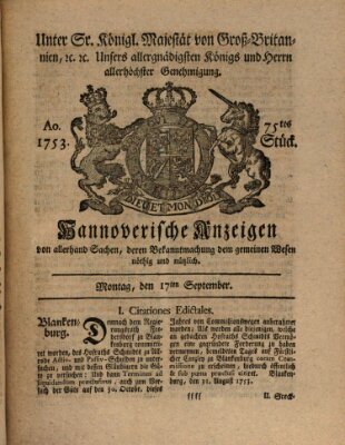 Hannoversche Anzeigen Montag 17. September 1753