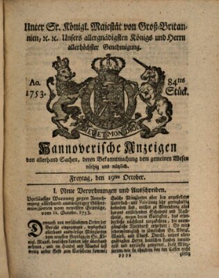 Hannoversche Anzeigen Freitag 19. Oktober 1753