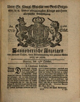 Hannoversche Anzeigen Montag 29. Oktober 1753