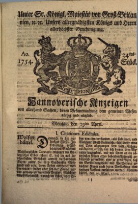 Hannoversche Anzeigen Montag 29. April 1754