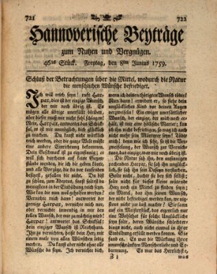 Hannoverische Beyträge zum Nutzen und Vergnügen (Hannoversche Anzeigen) Freitag 8. Juni 1759