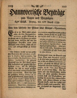 Hannoverische Beyträge zum Nutzen und Vergnügen (Hannoversche Anzeigen) Freitag 10. August 1759