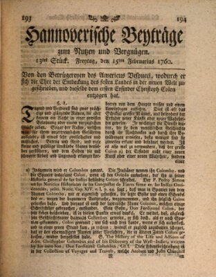 Hannoverische Beyträge zum Nutzen und Vergnügen (Hannoversche Anzeigen) Freitag 15. Februar 1760