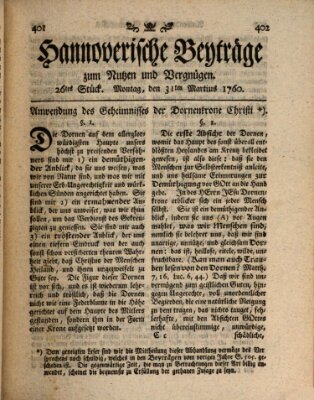 Hannoverische Beyträge zum Nutzen und Vergnügen (Hannoversche Anzeigen) Montag 31. März 1760