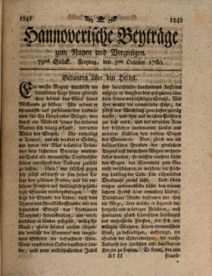 Hannoverische Beyträge zum Nutzen und Vergnügen (Hannoversche Anzeigen) Freitag 3. Oktober 1760