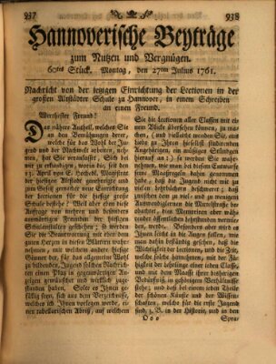 Hannoverische Beyträge zum Nutzen und Vergnügen (Hannoversche Anzeigen) Montag 27. Juli 1761