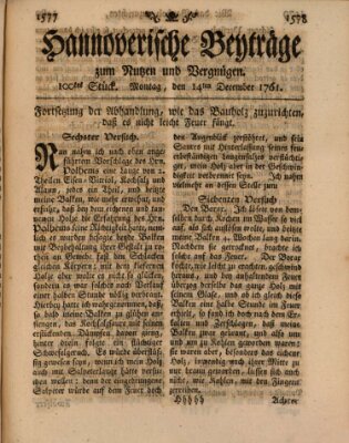 Hannoverische Beyträge zum Nutzen und Vergnügen (Hannoversche Anzeigen) Montag 14. Dezember 1761