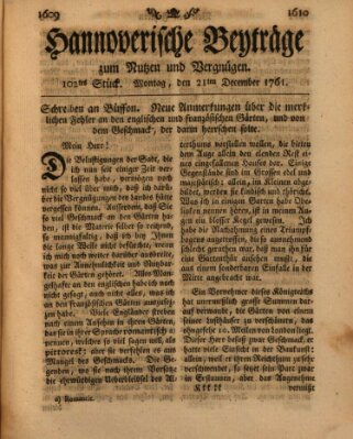 Hannoverische Beyträge zum Nutzen und Vergnügen (Hannoversche Anzeigen) Montag 21. Dezember 1761