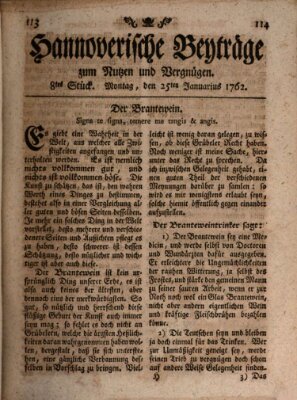 Hannoverische Beyträge zum Nutzen und Vergnügen (Hannoversche Anzeigen) Montag 25. Januar 1762
