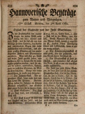 Hannoverische Beyträge zum Nutzen und Vergnügen (Hannoversche Anzeigen) Montag 5. April 1762
