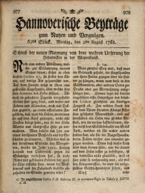 Hannoverische Beyträge zum Nutzen und Vergnügen (Hannoversche Anzeigen) Montag 2. August 1762
