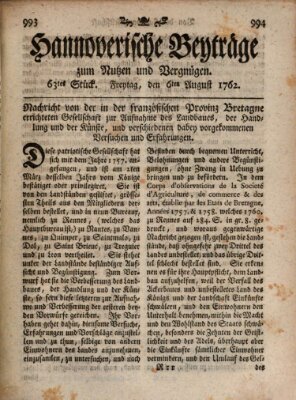 Hannoverische Beyträge zum Nutzen und Vergnügen (Hannoversche Anzeigen) Freitag 6. August 1762