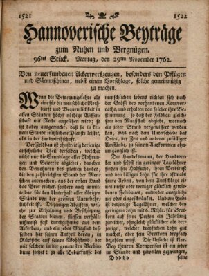Hannoverische Beyträge zum Nutzen und Vergnügen (Hannoversche Anzeigen) Montag 29. November 1762