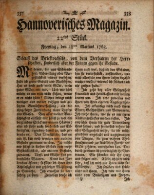 Hannoverisches Magazin (Hannoversche Anzeigen) Freitag 18. März 1763