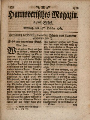 Hannoverisches Magazin (Hannoversche Anzeigen) Montag 29. Oktober 1764