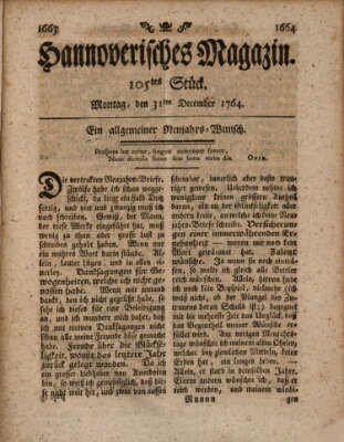 Hannoverisches Magazin (Hannoversche Anzeigen) Montag 31. Dezember 1764