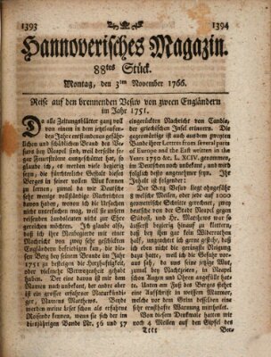 Hannoverisches Magazin (Hannoversche Anzeigen) Montag 3. November 1766
