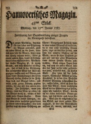 Hannoverisches Magazin (Hannoversche Anzeigen) Montag 15. Juni 1767