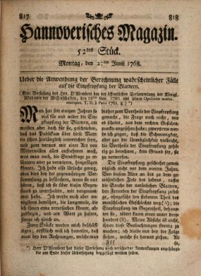 Hannoverisches Magazin (Hannoversche Anzeigen) Montag 27. Juni 1768