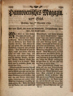 Hannoverisches Magazin (Hannoversche Anzeigen) Freitag 3. November 1769